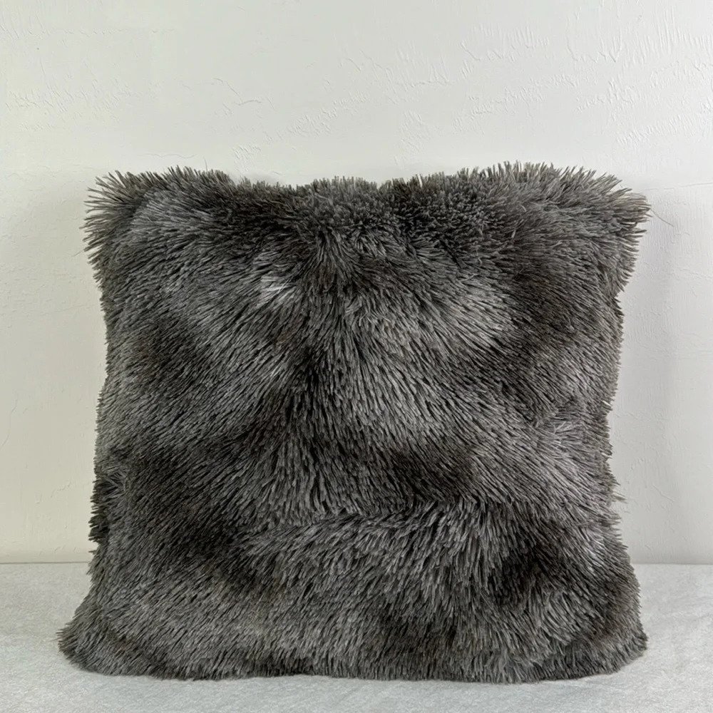 NICOLE MILLER SHAGGY FAUX FUR GRAY LARGE ACCENT THROW PILLOW - Picture 2 of 10
